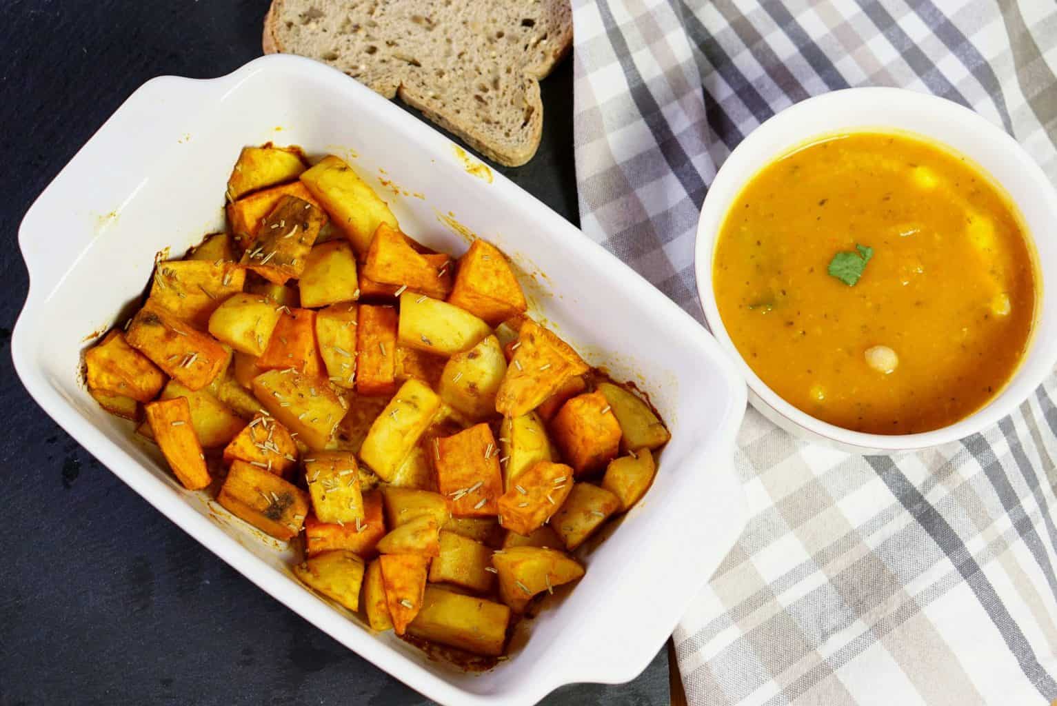 Herbed potato tray bake served with vegetable soup