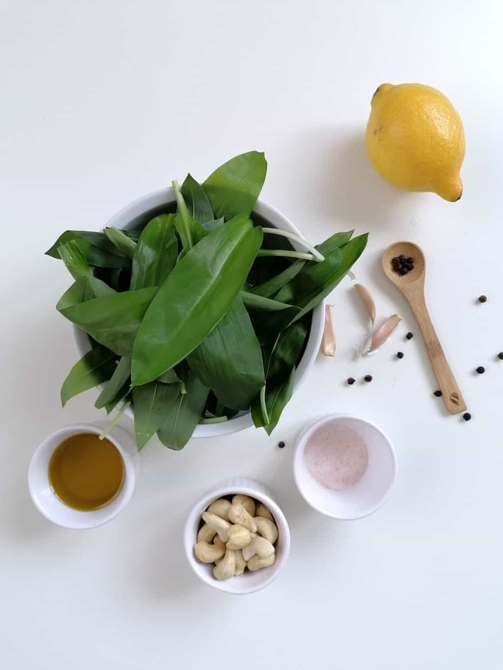 Ingredients for wild garlic pesto recipe
