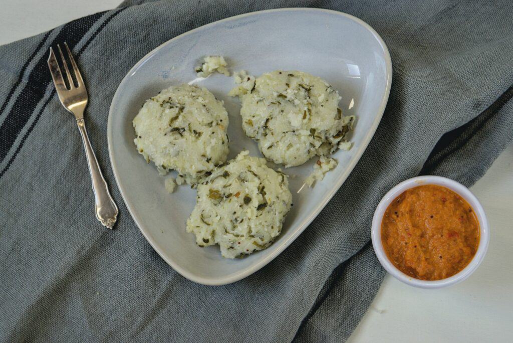 Cucumber Idli served with Red Chutney